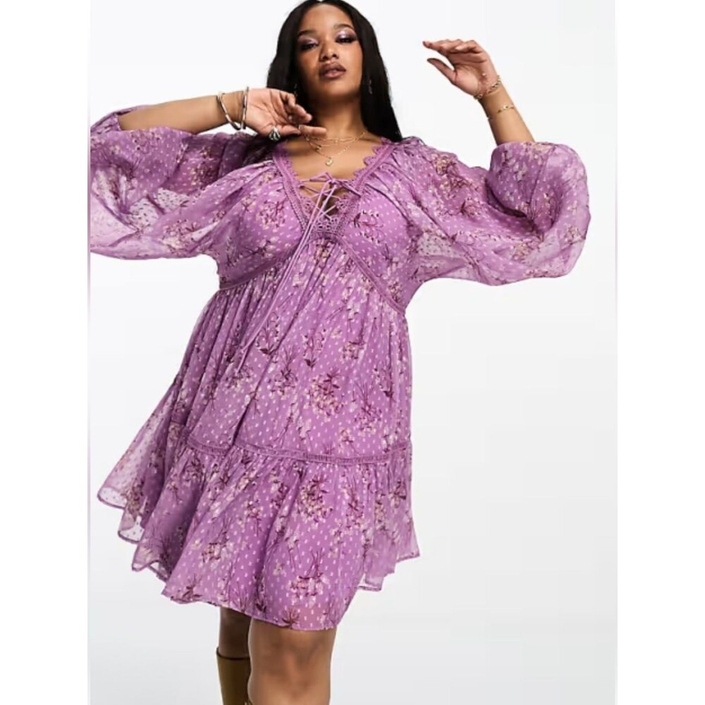 ASOS Curve Lilac Floral Textured Plunge Batwing 20W Mini Dress 3435-AC